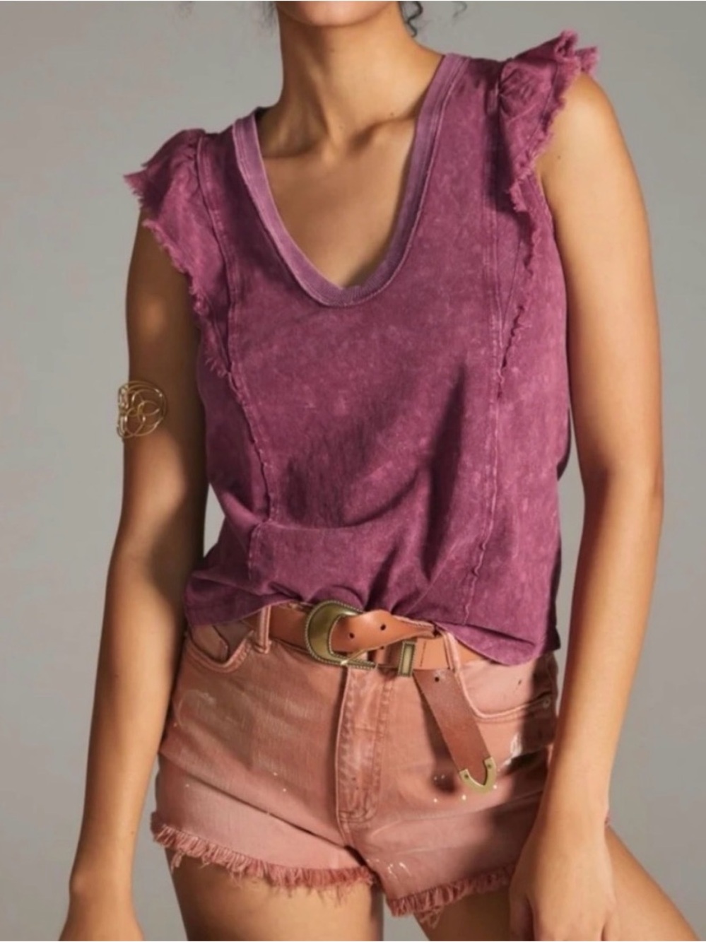 Pilcro Ruffled Sleeve Tank Top in Dusty Mauve
